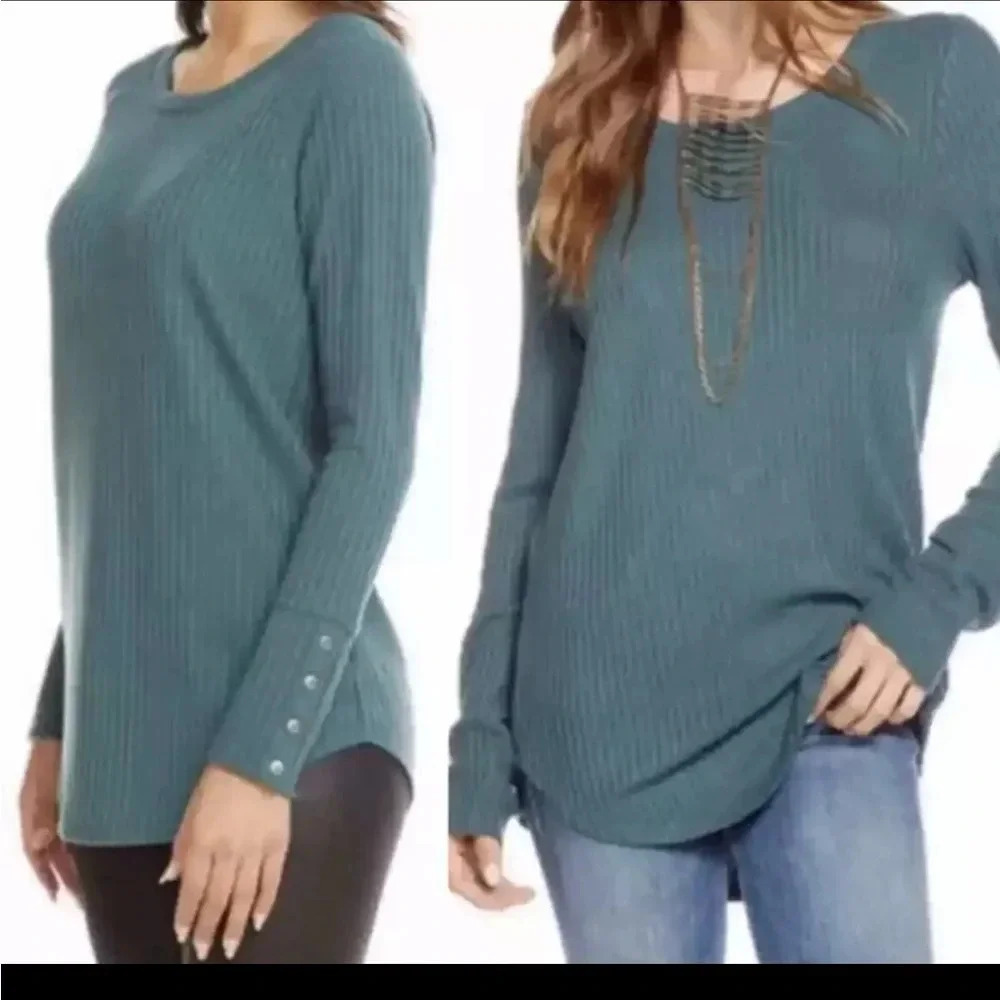Chaser Women's Size XL Teal Waffle Knit Button Cuff Top Long Sleeve Shirt‎